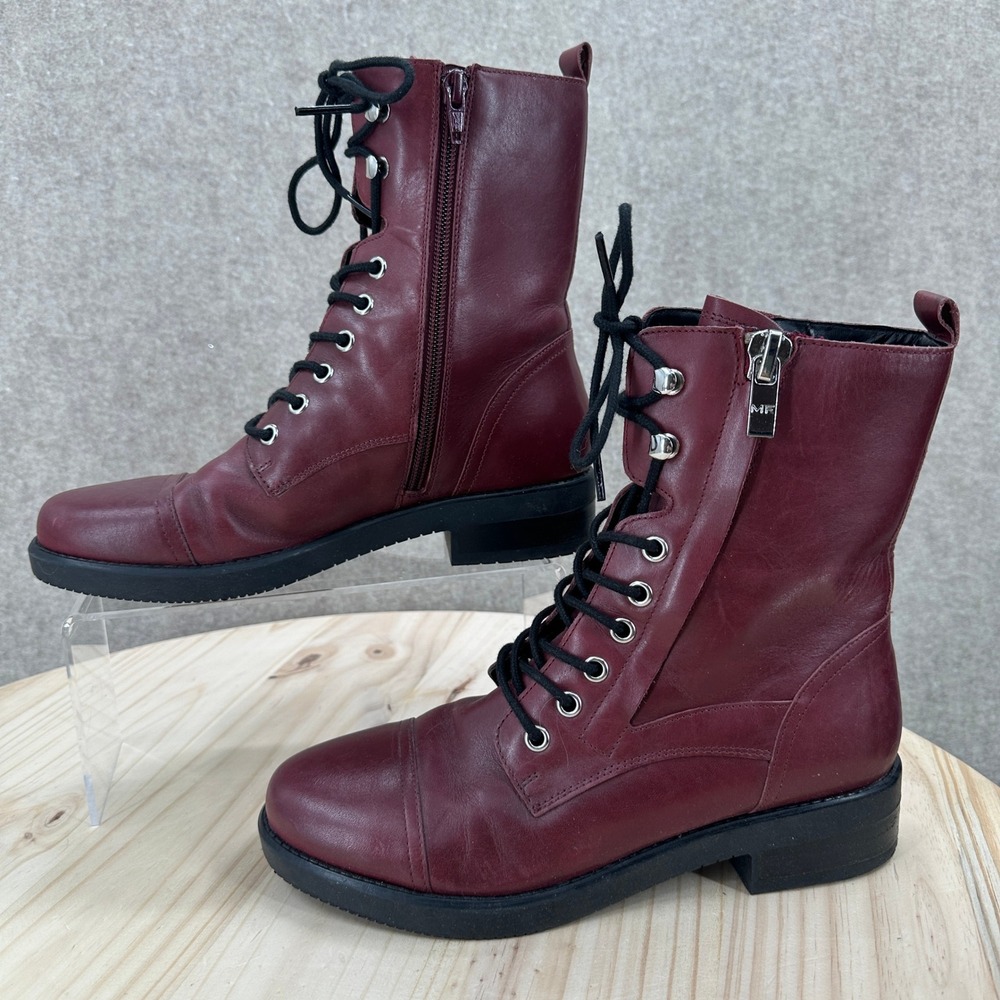 Marc Fisher Combat Boots Womens 7.5 Burgundy Leather Lace Up Side Zip MFULEESA